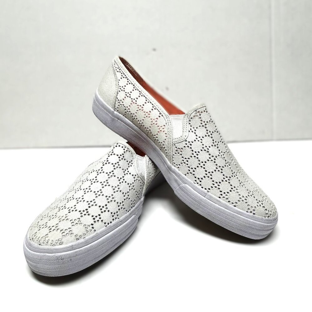 Keds off white canvas geometric design with neon orange insole